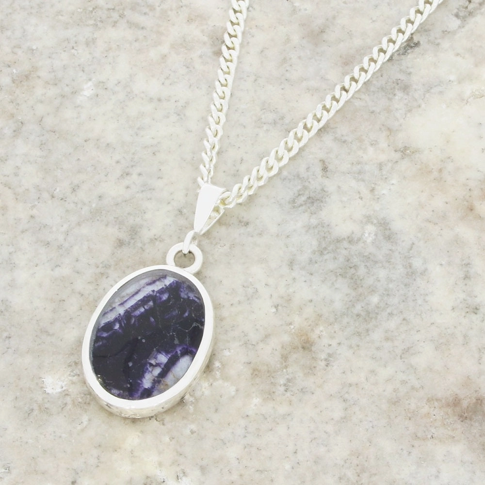 Derbyshire Blue John and Whitby Jet Oval Pendant and Chain