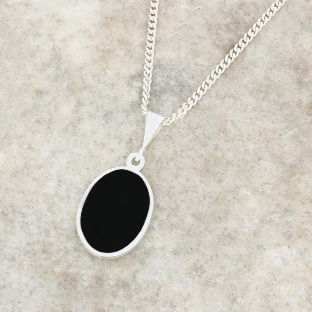 Derbyshire Blue John and Whitby Jet Oval Pendant and Chain