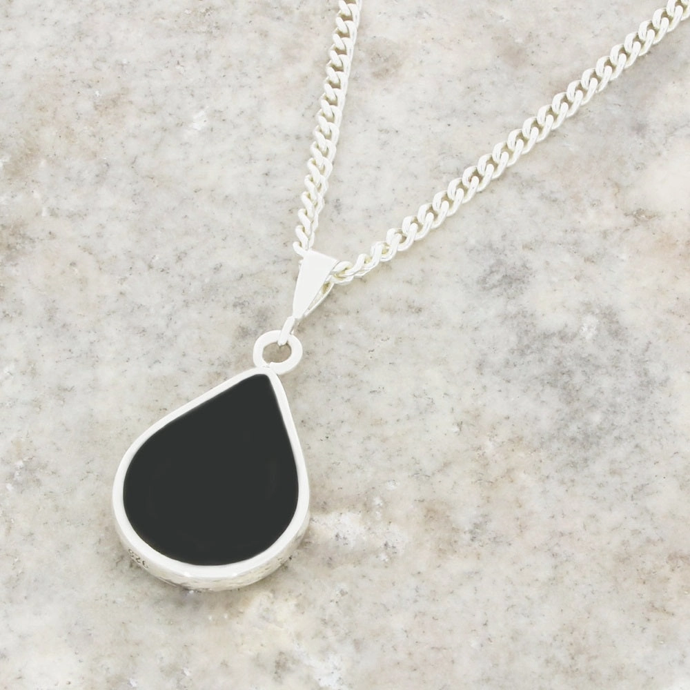 Derbyshire Blue John and Whitby Jet Pear Shape Pendant and Chain