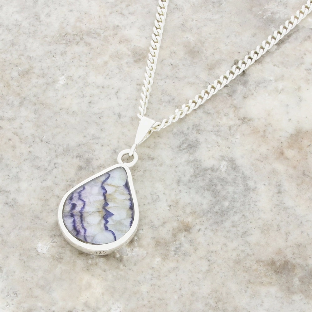 Derbyshire Blue John and Whitby Jet Pear Shape Pendant and Chain