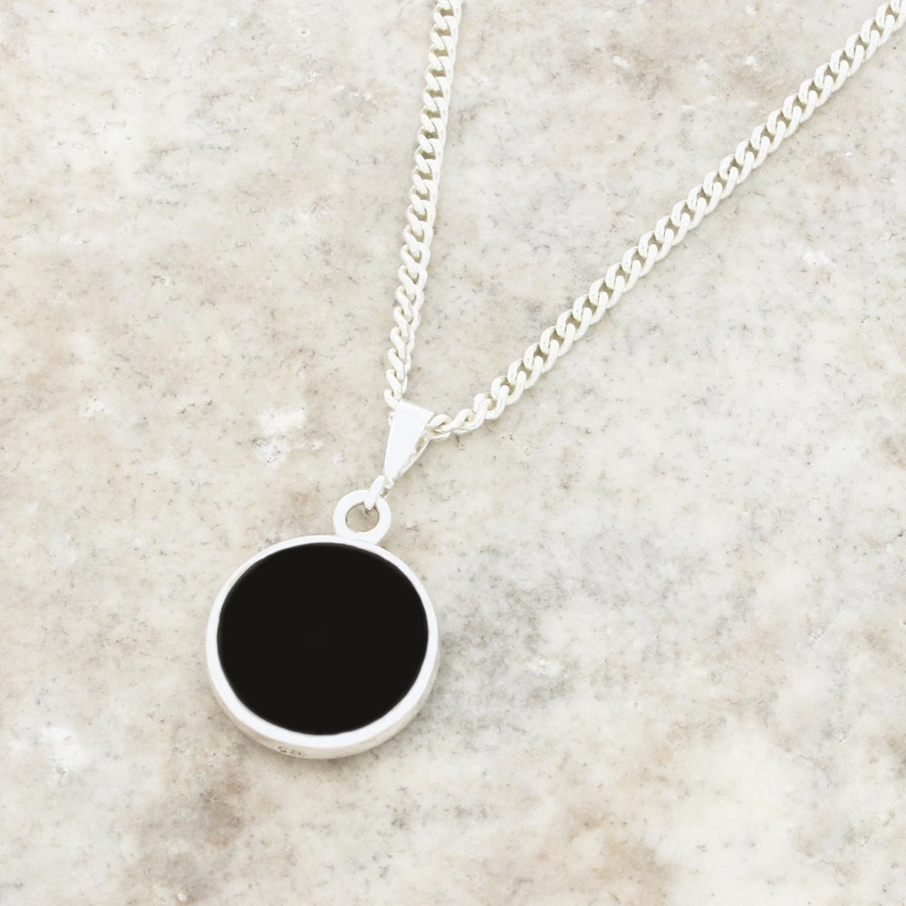 Derbyshire Blue John and Whitby Jet Round Pendant and Chain