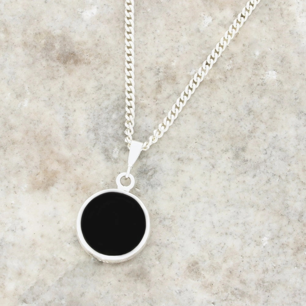 Derbyshire Blue John and Whitby Jet Round Pendant and Chain