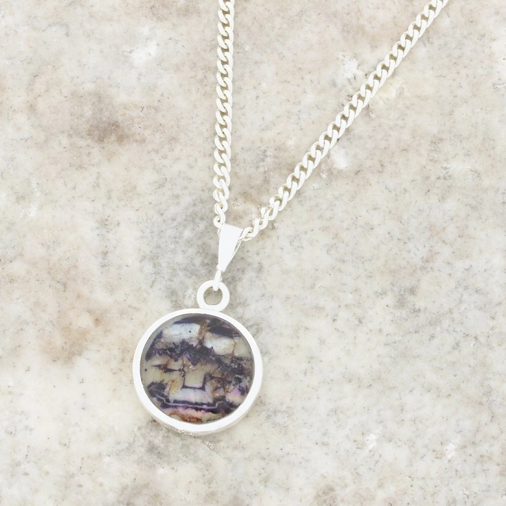 Derbyshire Blue John and Whitby Jet Round Pendant and Chain