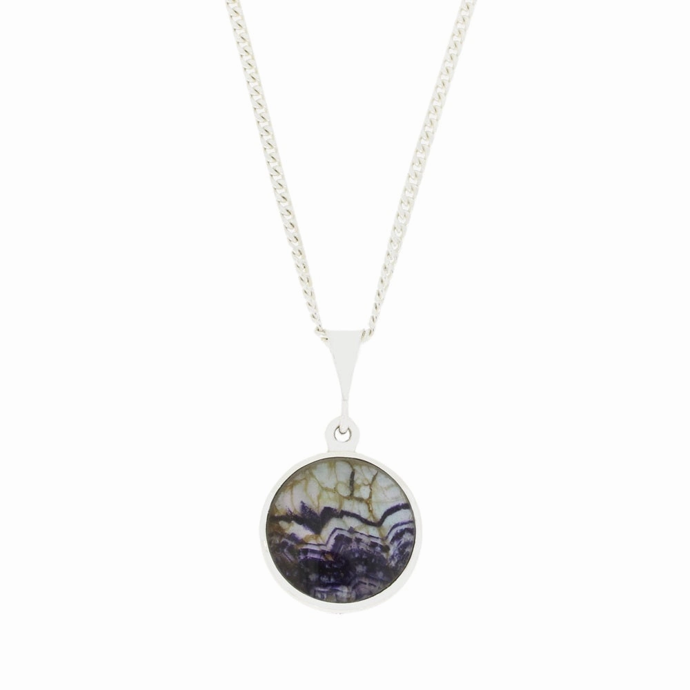 Derbyshire Blue John and Whitby Jet Round Pendant and Chain