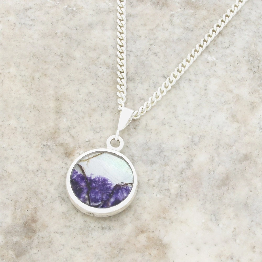 Derbyshire Blue John and Whitby Jet Round Pendant and Chain