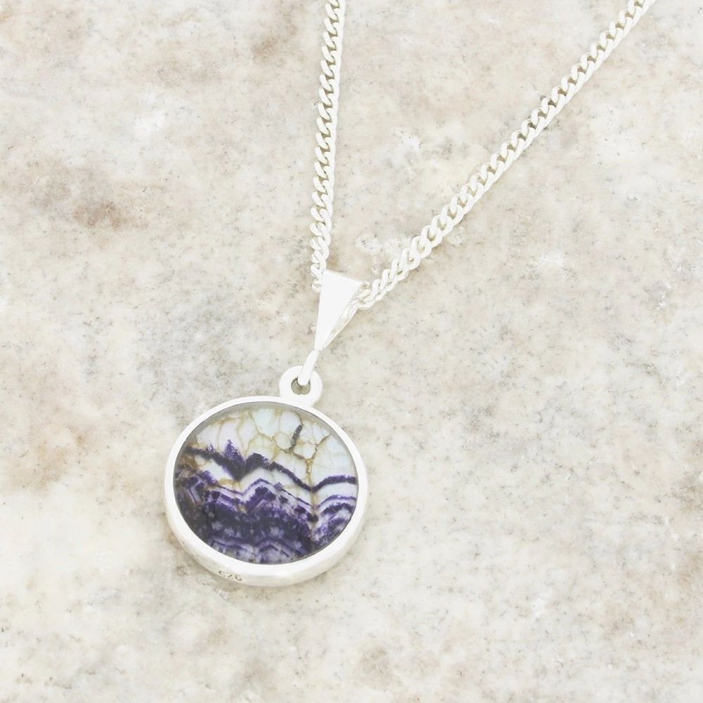 Derbyshire Blue John and Whitby Jet Round Pendant and Chain
