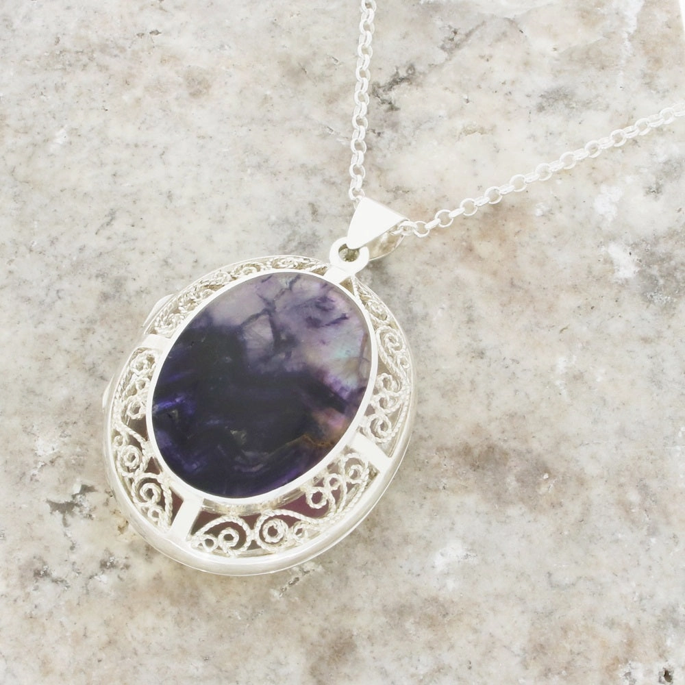 Derbyshire Blue John Filigree Oval Locket and Chain