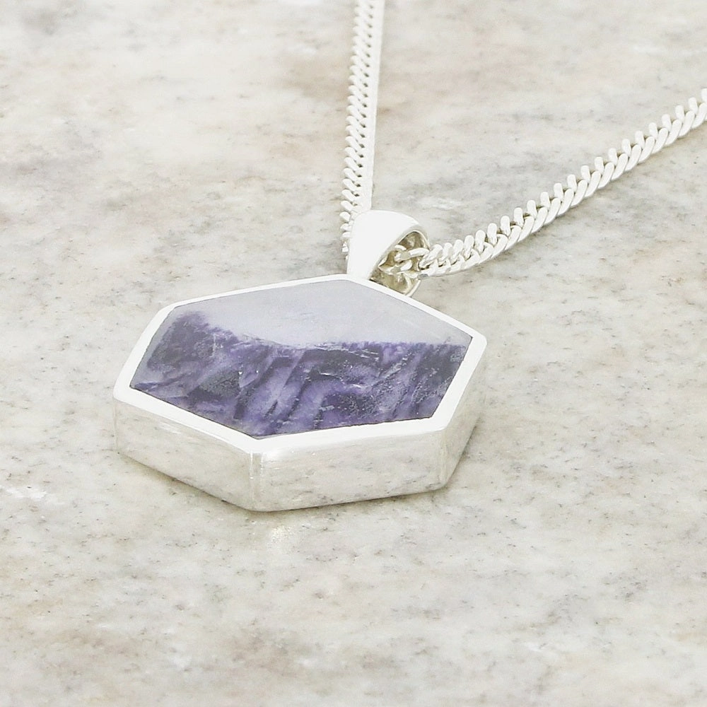 Derbyshire Blue John Hexagonal Sterling Silver Pendant And Chain