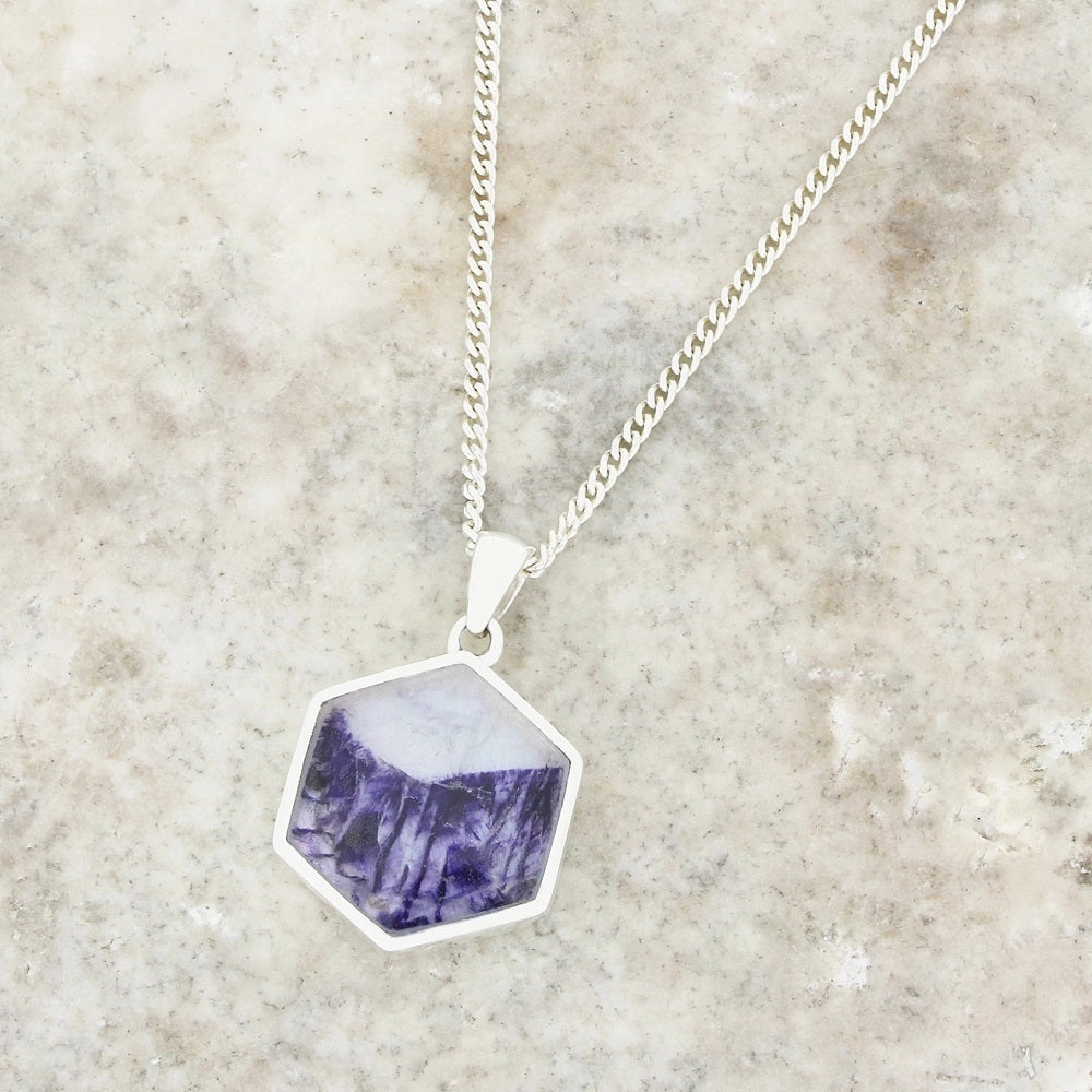Derbyshire Blue John Hexagonal Sterling Silver Pendant And Chain