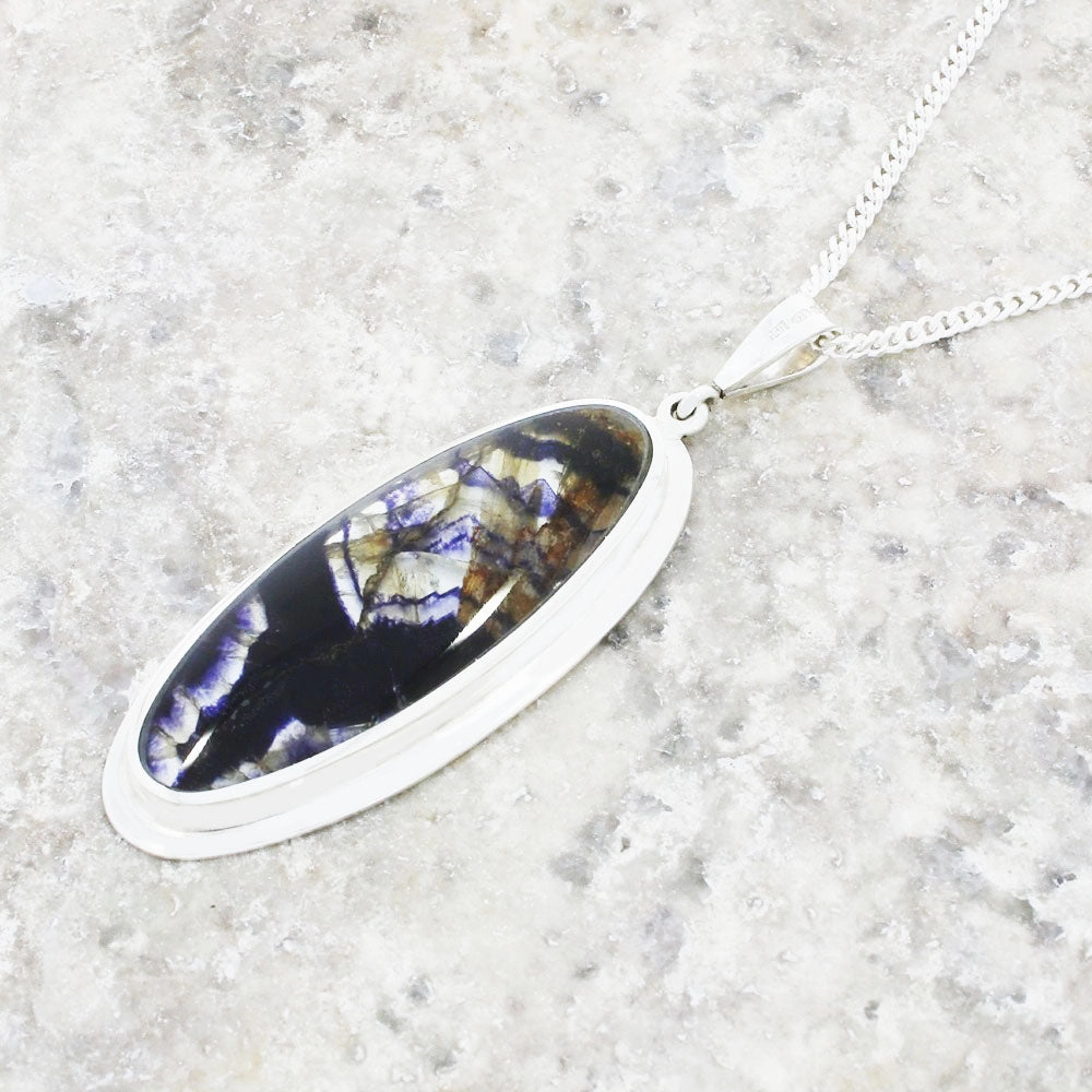 Derbyshire Blue John Large Oval Sterling Silver Pendant and Chain