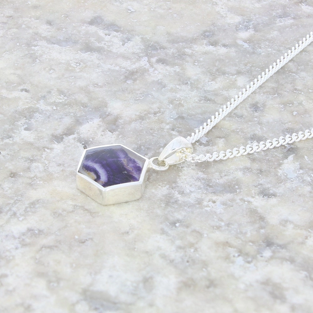 Derbyshire Blue John Mini Hexagonal Sterling Silver Pendant And Chain
