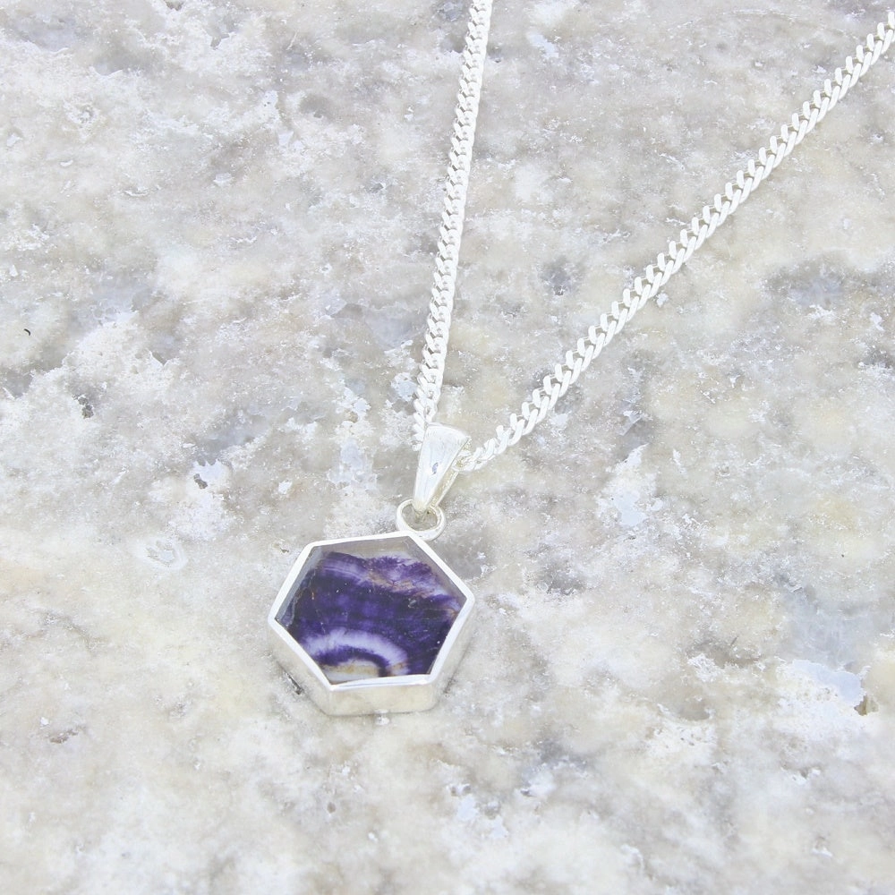 Derbyshire Blue John Mini Hexagonal Sterling Silver Pendant And Chain