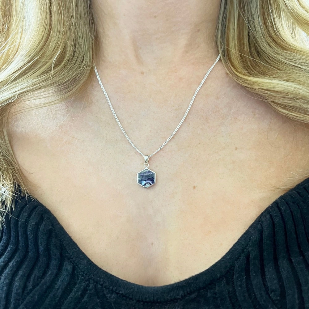 Derbyshire Blue John Mini Hexagonal Sterling Silver Pendant And Chain