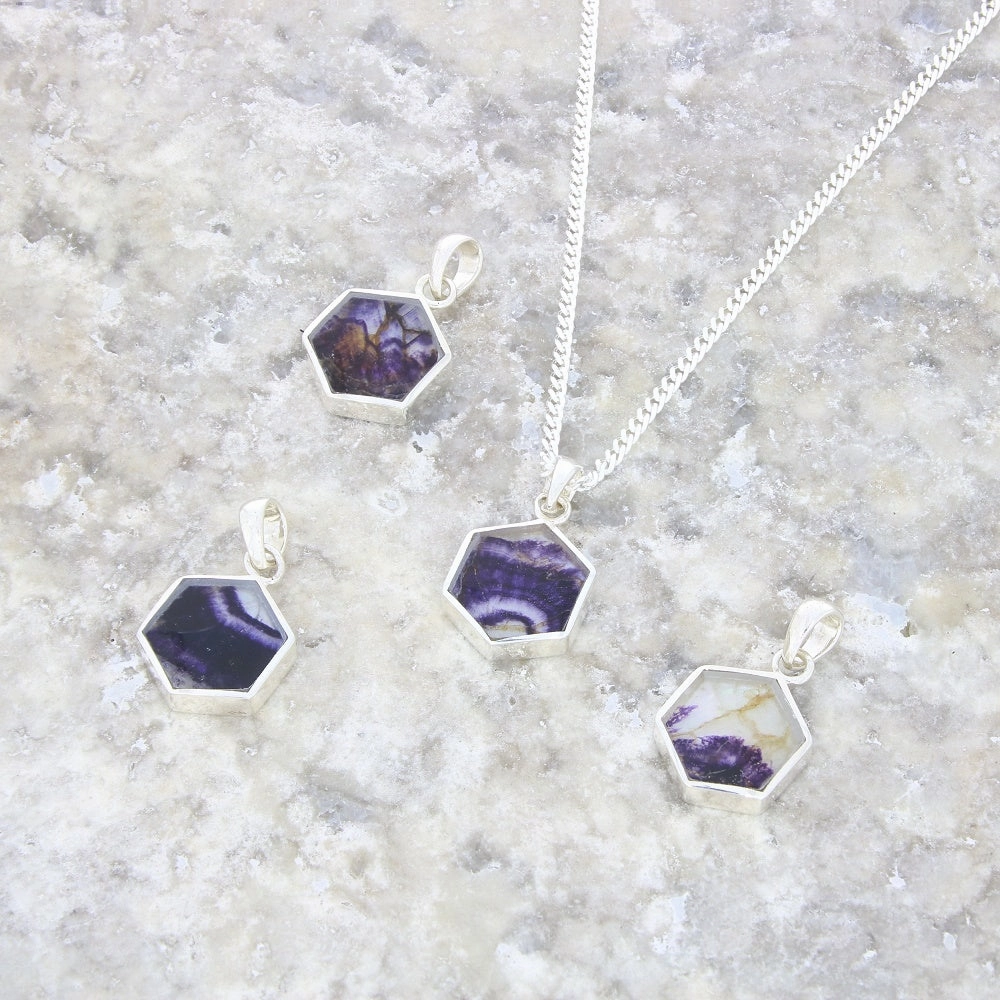 Derbyshire Blue John Mini Hexagonal Sterling Silver Pendant And Chain