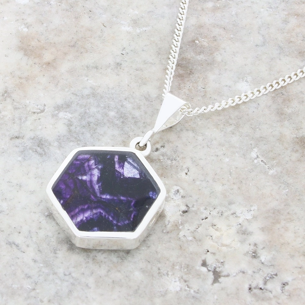 Derbyshire Blue John Reversible Hexagonal Pendant and Chain