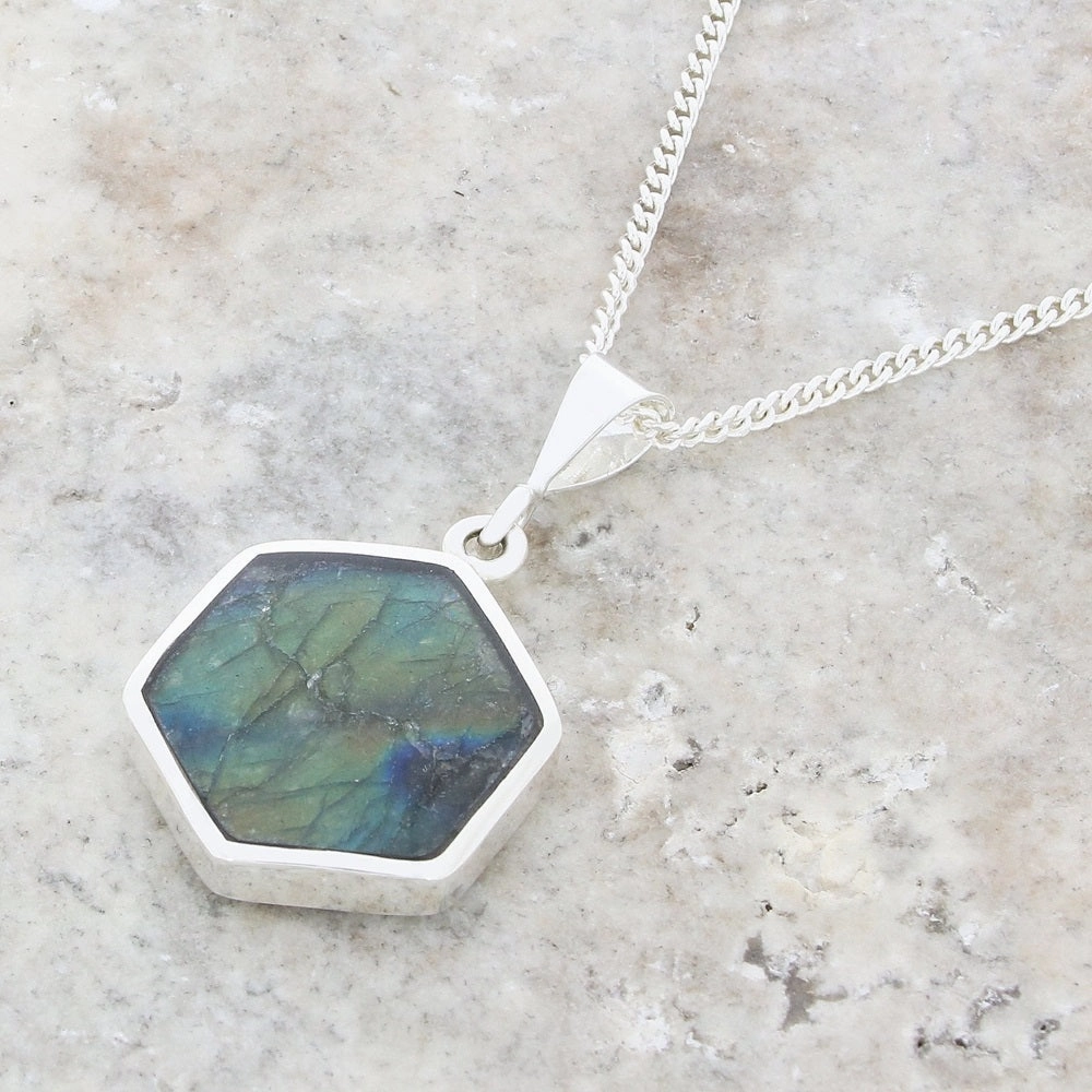 Derbyshire Blue John Reversible Hexagonal Pendant and Chain