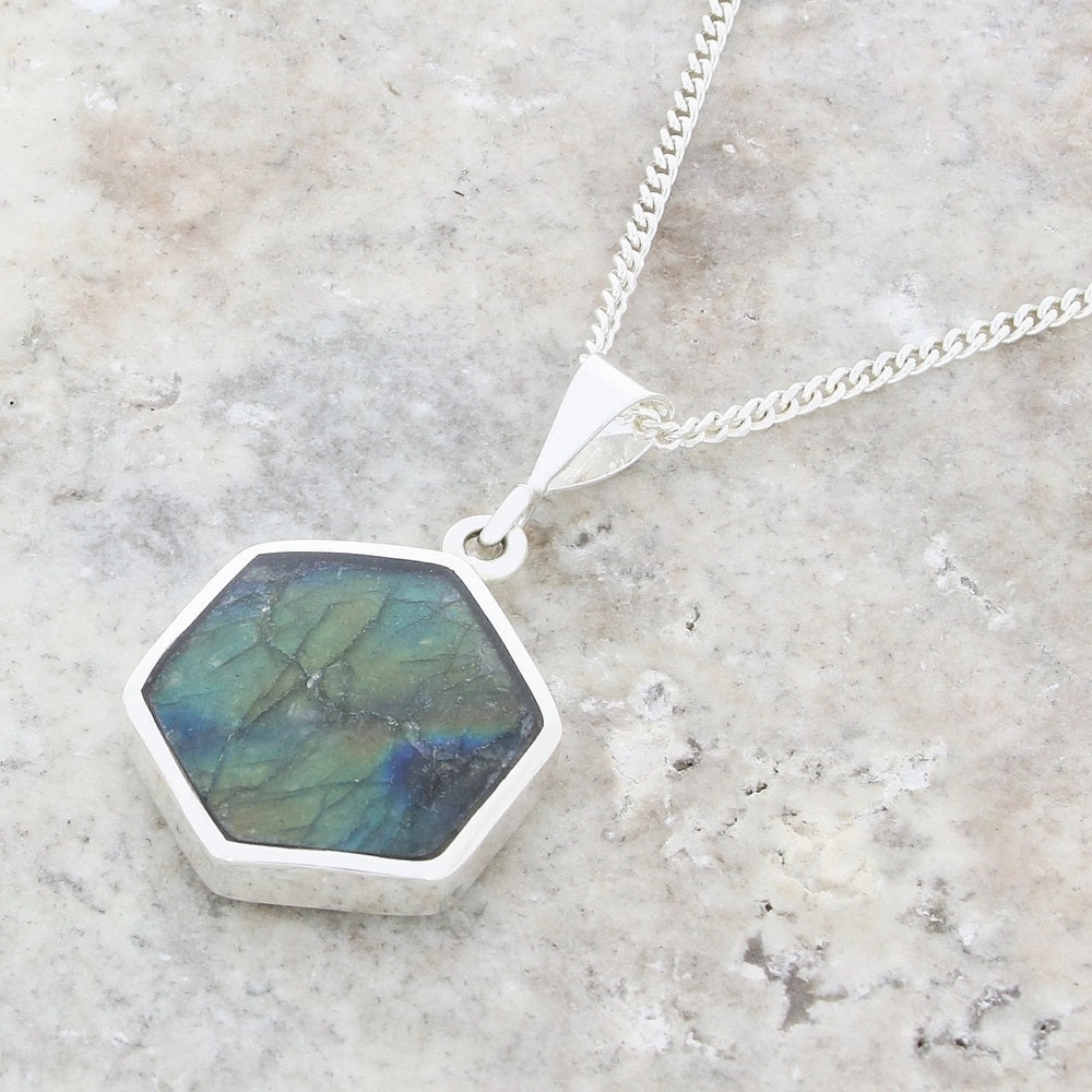 Derbyshire Blue John Reversible Hexagonal Pendant and Chain