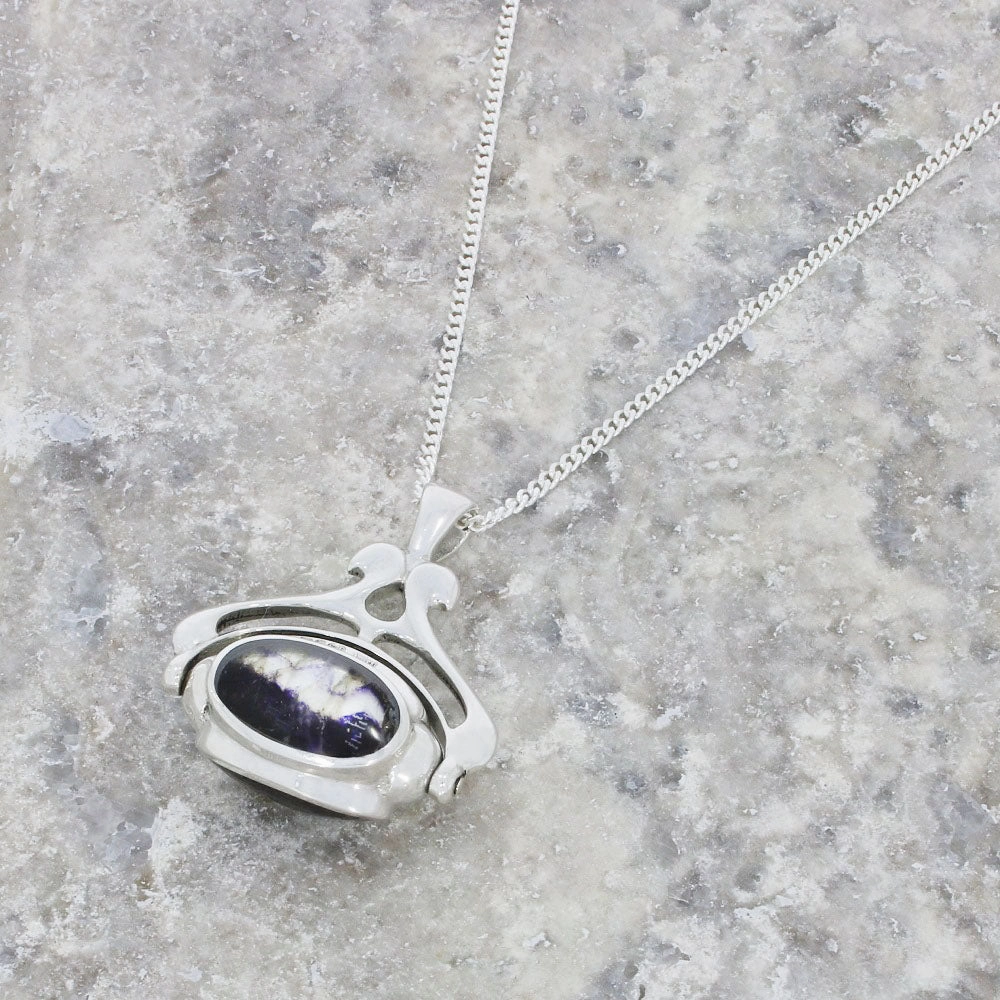 Derbyshire Blue John Reversible Triple Stone Spinning Pendant and Chain