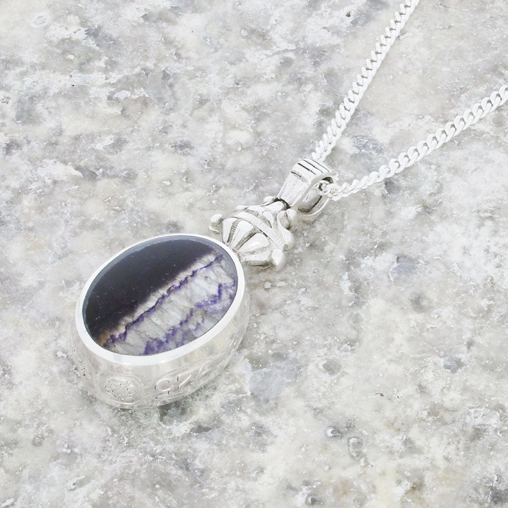 Derbyshire Blue John Silver Reversible Medium Oval Pendant and Chain