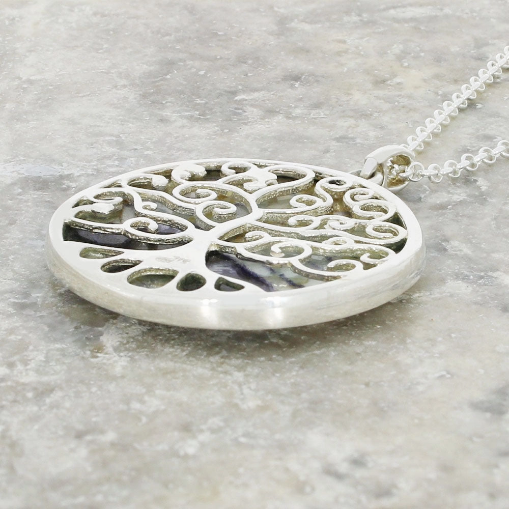 Derbyshire Blue John Silver Tree of Life Large Round Pendant And Chain