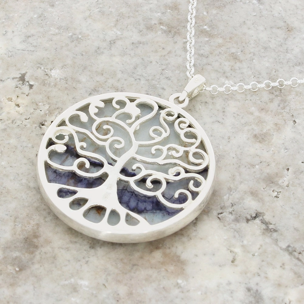 Derbyshire Blue John Silver Tree of Life Large Round Pendant and Chain