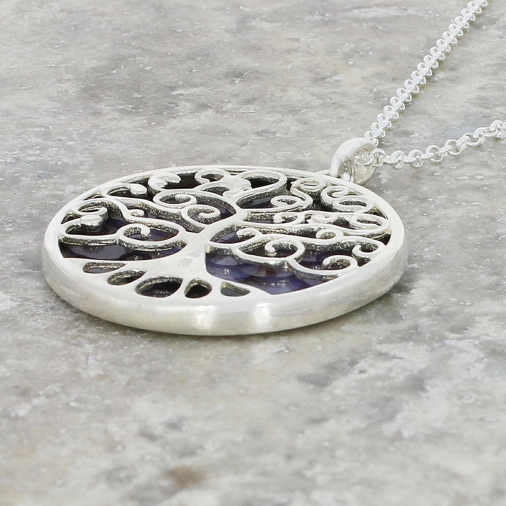 Derbyshire Blue John Silver Tree of Life Large Round Pendant And Chain