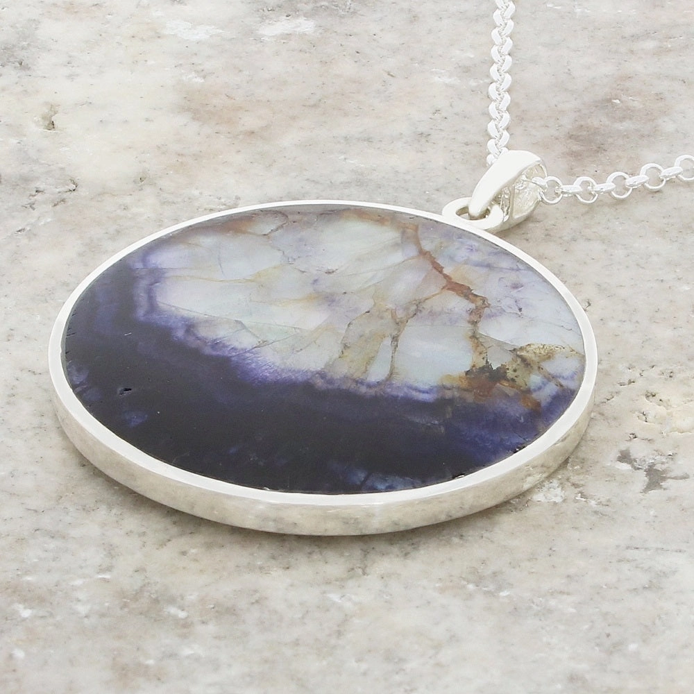 Derbyshire Blue John Silver Tree of Life Large Round Pendant and Chain