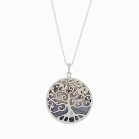 Derbyshire Blue John Silver Tree of Life Large Round Pendant and Chain