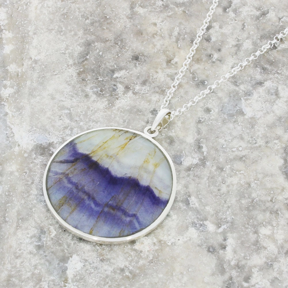 Derbyshire Blue John Silver Tree of Life Large Round Pendant And Chain