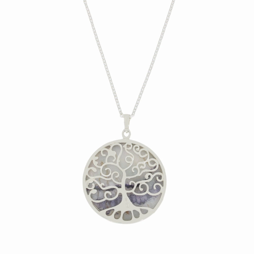 Derbyshire Blue John Silver Tree of Life Large Round Pendant and Chain