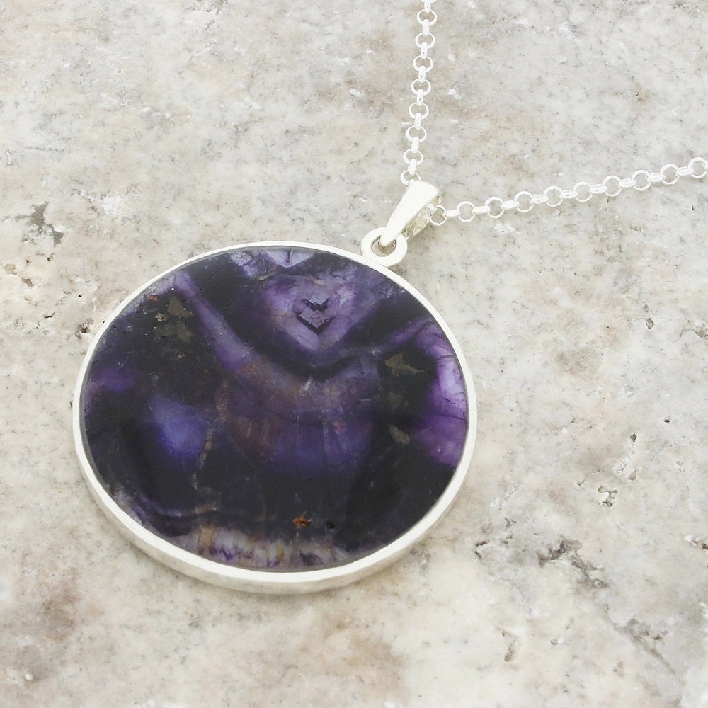 Derbyshire Blue John Silver Tree of Life Large Round Pendant and Chain