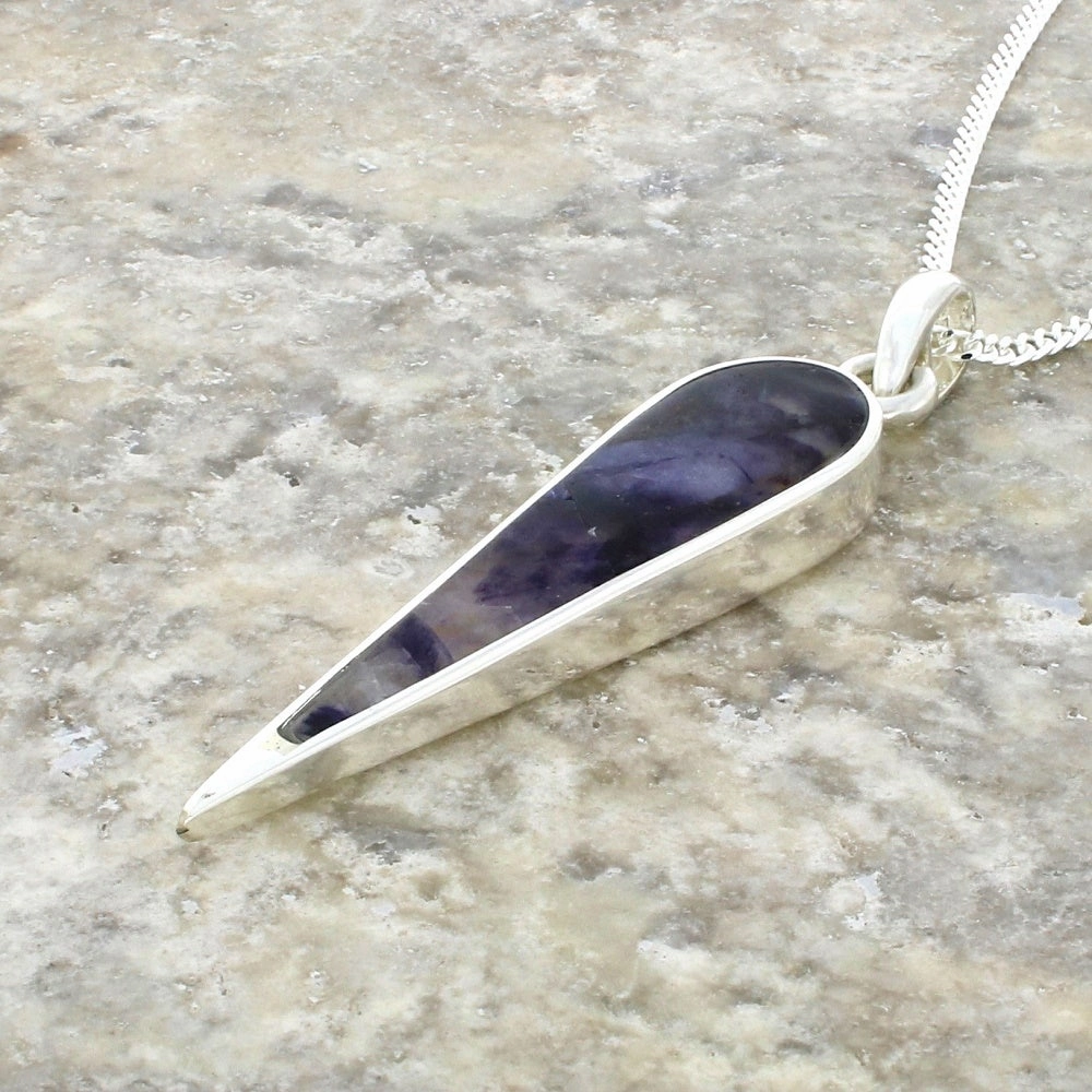 Derbyshire Blue John Sterling Silver Long Icicle Pendant With Chain