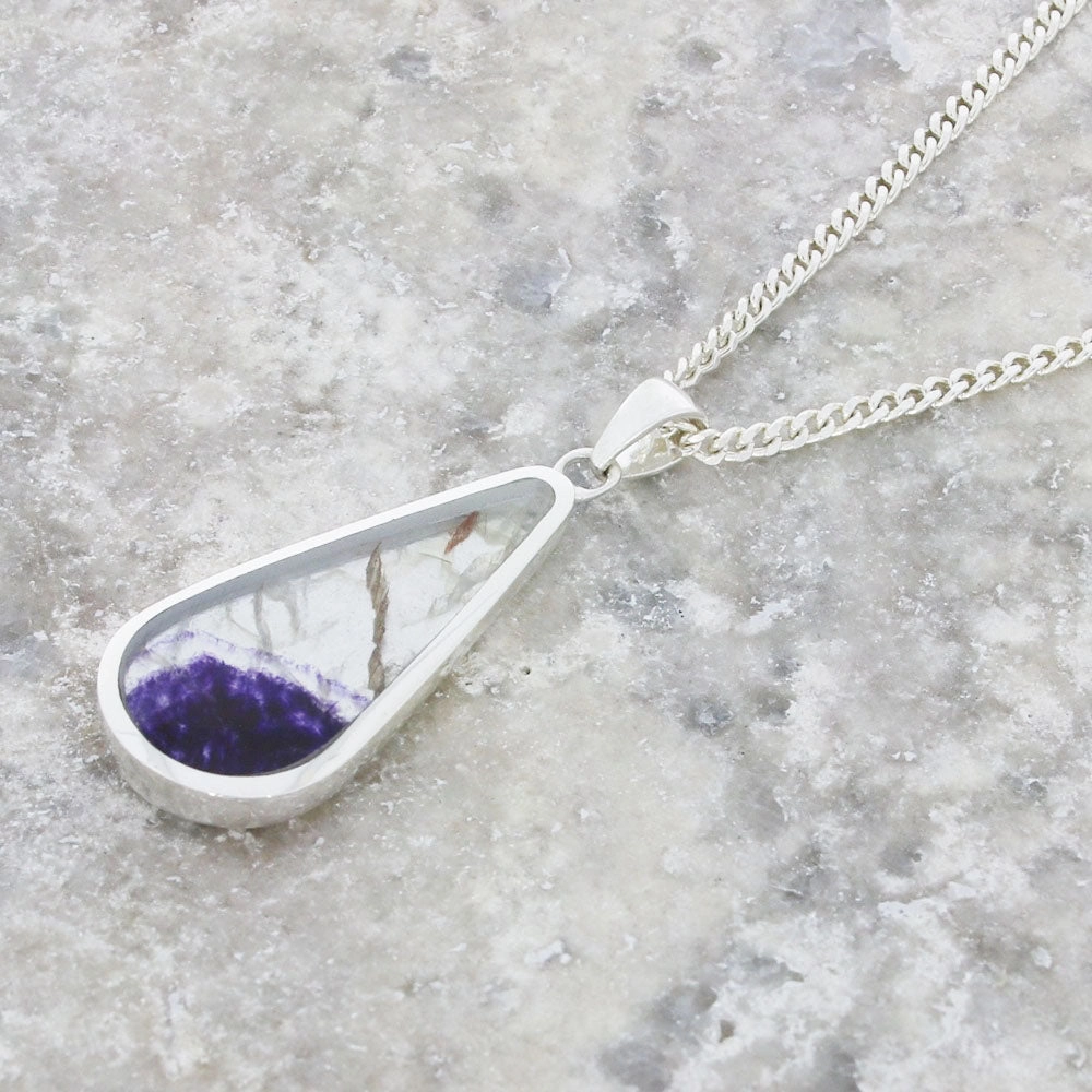 Derbyshire Blue John Sterling Silver Slim Teardrop Pendant and Chain