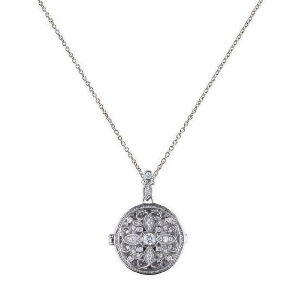 Diamonfire Sterling Silver Cubic Zirconia Round Medallion Filigree Locket and Chain P4613