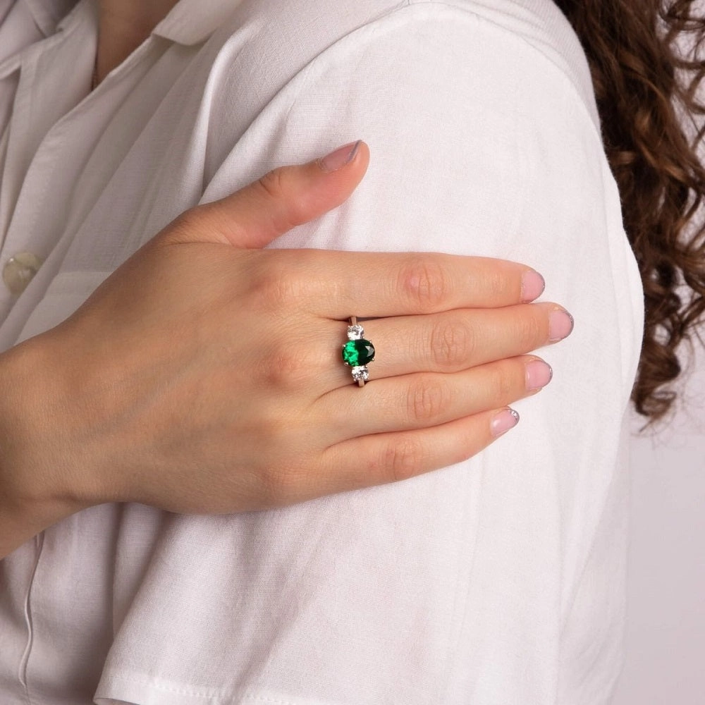 Diamonfire Sterling Silver Green Cubic Zirconia Trilogy Ring R3817