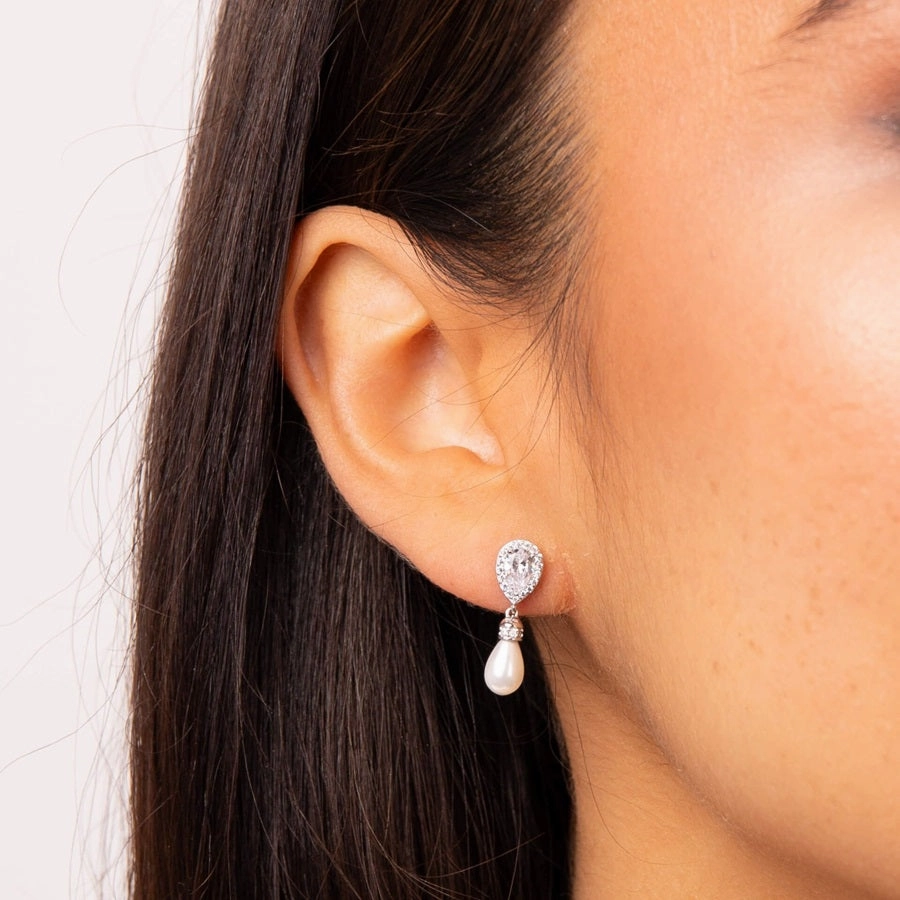 Diamonfire Sterling Silver Shell Pearl & Zirconia Drop Earrings E6404