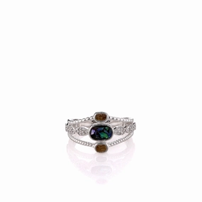 Dune Sterling Silver Diamond & Abalone Boho Stack Ring - Size 8