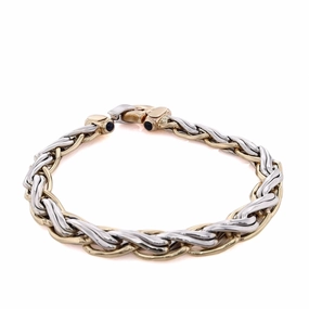 Estate 14 Karat Two-Tone Braided White and Yellow Gold Twist Sapphire Bracelet