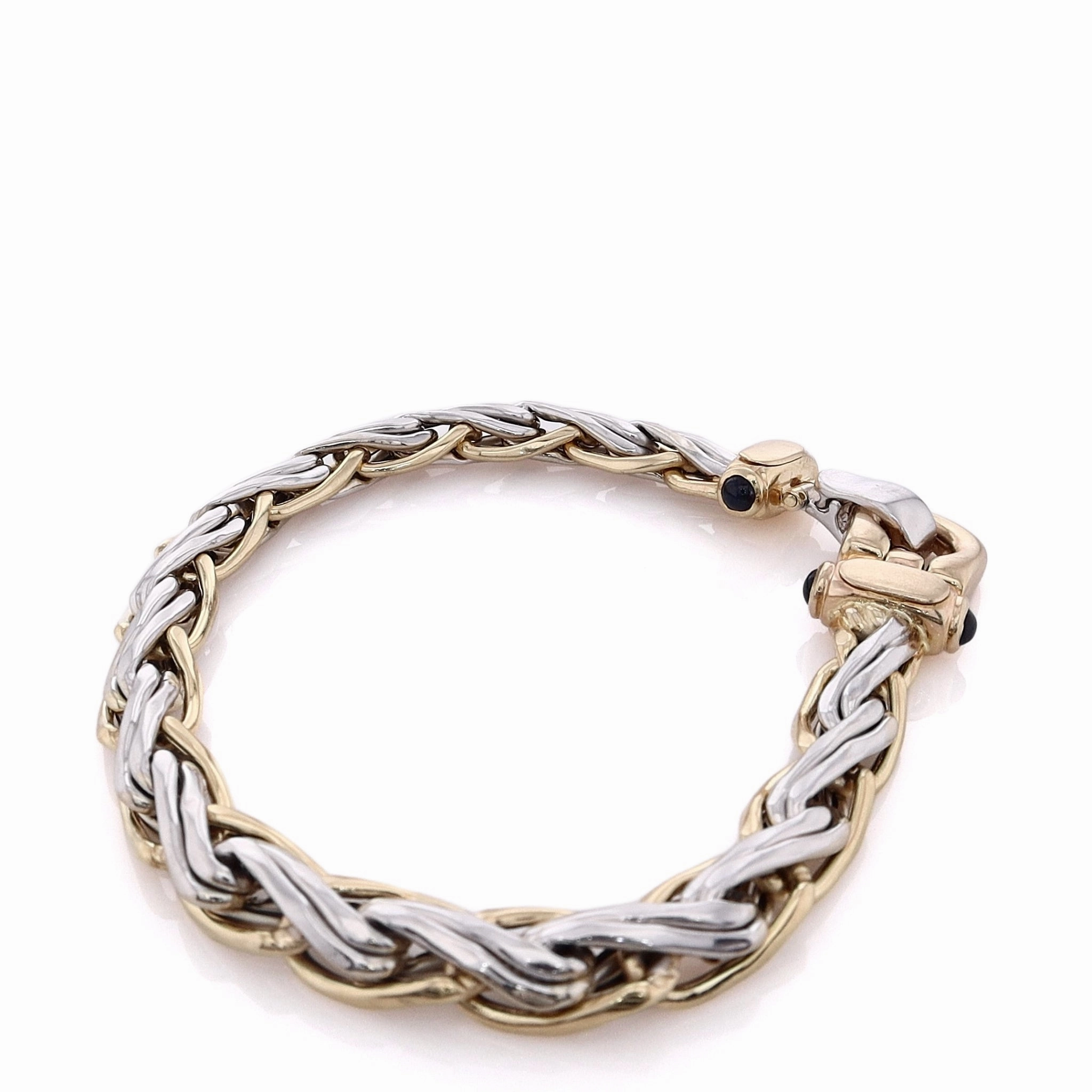 Estate 14 Karat Two-Tone Braided White and Yellow Gold Twist Sapphire Bracelet