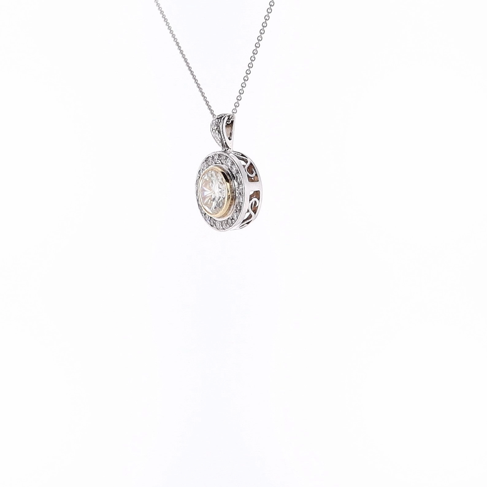 Estate 14 Karat Two Tone White and Yellow Gold Diamond Pendant Necklace