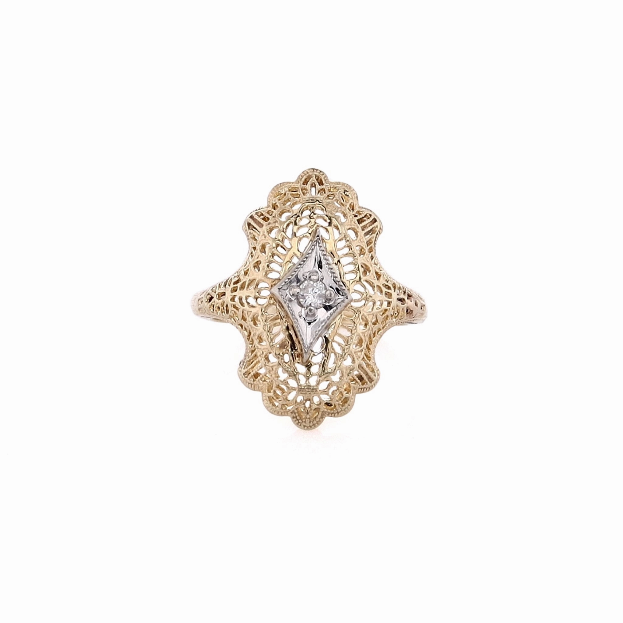 Estate 14 Karat White and Yellow Gold Filagree Scalloped Design Diamond Ring