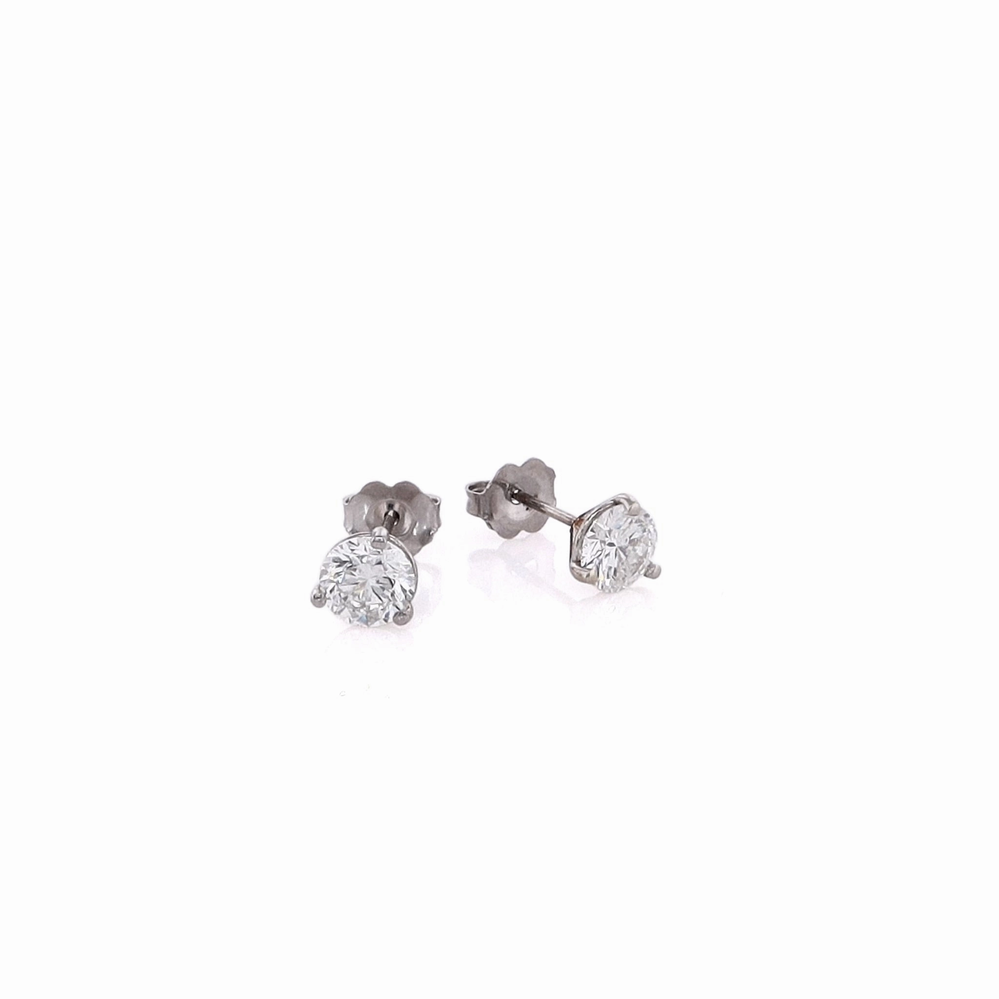 Estate 14 Karat White Gold 3 Prong Martini Brilliant Round Diamond Stud Earrings