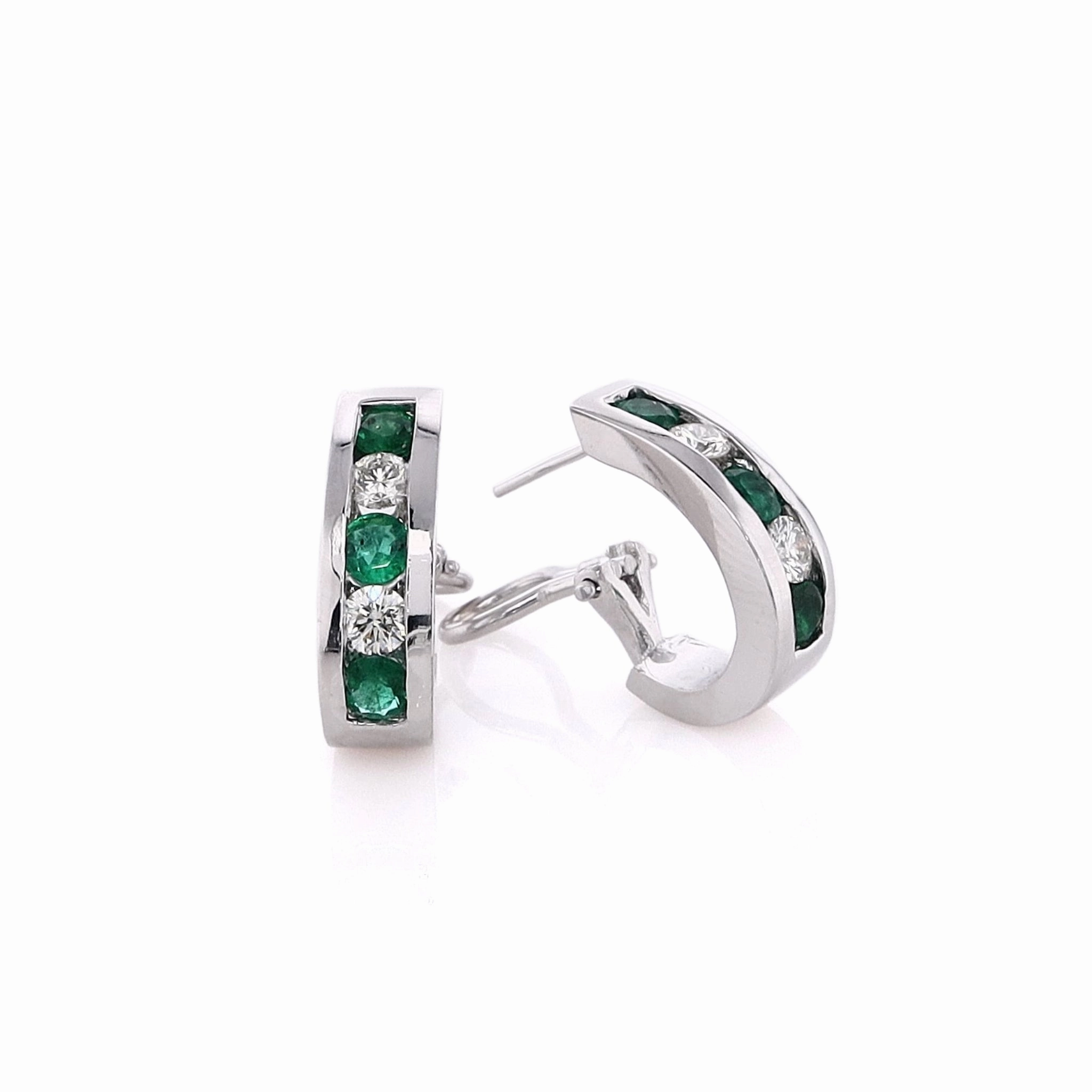 Estate 14 Karat White Gold Diamond and Emerald Omega Backed Hoop Earrings