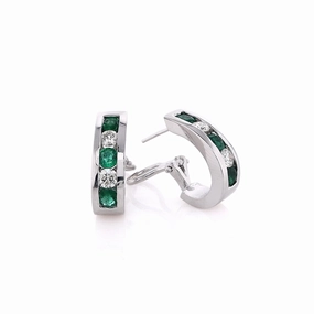 Estate 14 Karat White Gold Diamond and Emerald Omega Backed Hoop Earrings