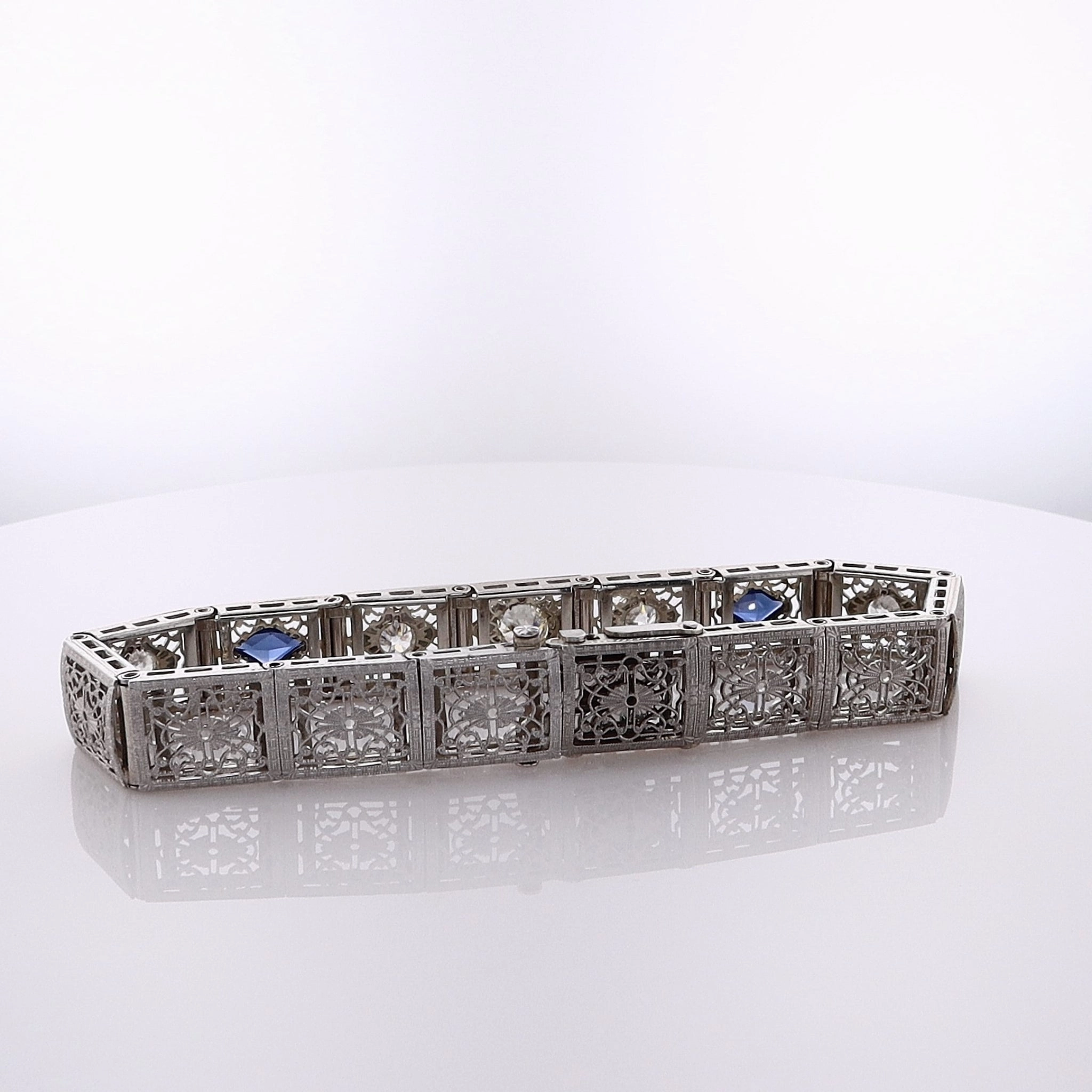Estate 14 Karat White Gold Diamond and Synthetic Sapphire Bracelet