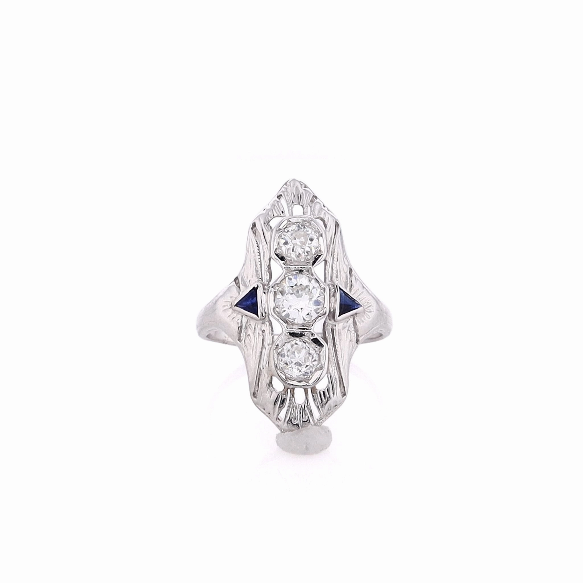 Estate 14 Karat White Gold Diamond and Synthetic Sapphire Ring