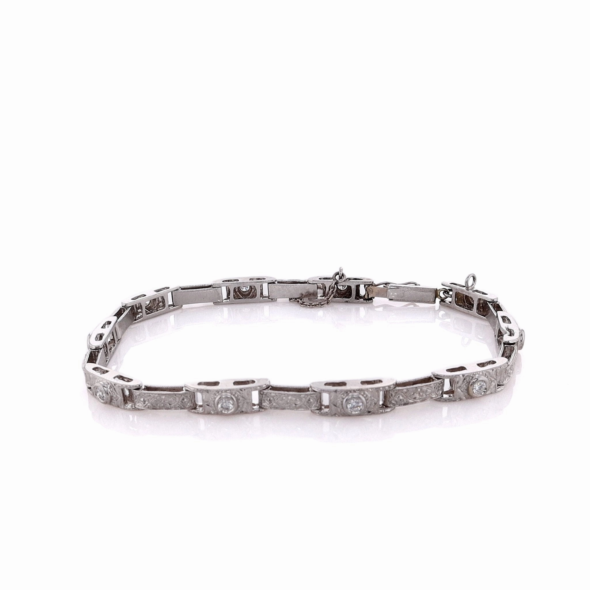 Estate 14 Karat White Gold Engraved Link Diamond Bracelet
