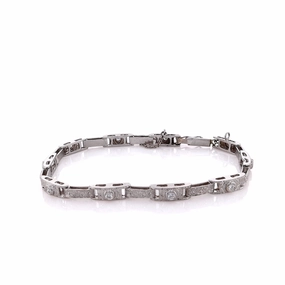 Estate 14 Karat White Gold Engraved Link Diamond Bracelet