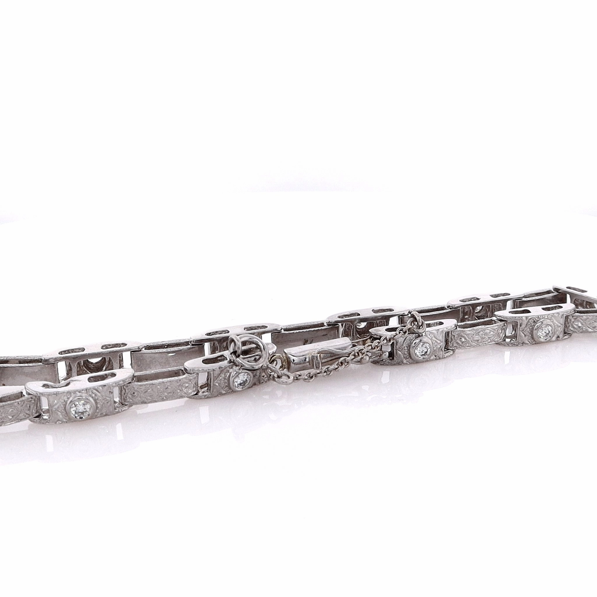 Estate 14 Karat White Gold Engraved Link Diamond Bracelet