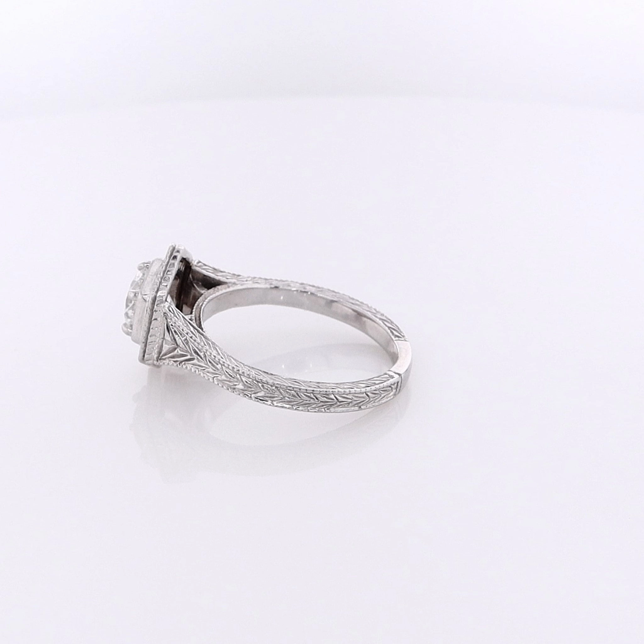 Estate 14 Karat White Gold Engraved Tapered Shank Diamond Engagement Ring with GIA Certification BT-SM1001640-02